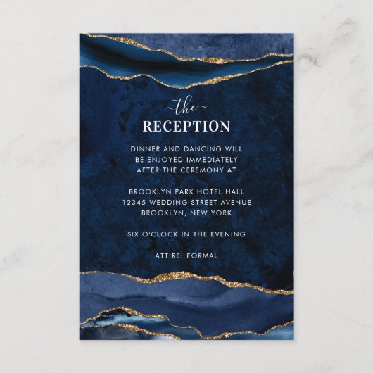 ネイビーブルーゴールドフォイルアゲードウェディングレセプション エンクロージャーカード (正面)