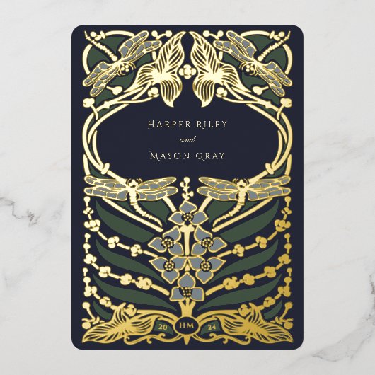 ネイビーブルーゴールドフォイルアールヌーボードラゴンフライ結婚ズ 箔招待状 (正面)