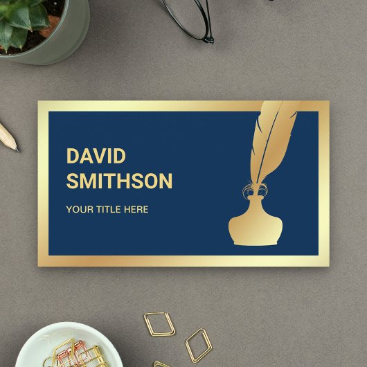 ネイビーブルーゴールドフォイルインクウエルフェザークイルペン 名刺