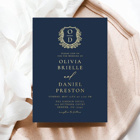 ネイビーブルーゴールドフォイルクレストモノグラム結婚ズ 箔招待状