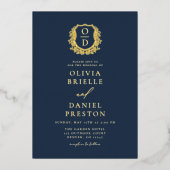 ネイビーブルーゴールドフォイルクレストモノグラム結婚ズ 箔招待状 (正面)