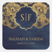 ネイビーブルーゴールドフォイルスレースモノグラム結婚式の引き出物 スクエアシール (正面)