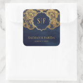 ネイビーブルーゴールドフォイルスレースモノグラム結婚式の引き出物 スクエアシール (バッグ)