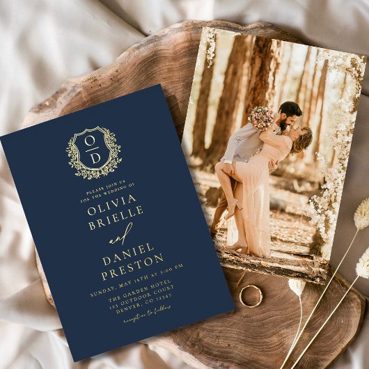 ネイビーブルーゴールドフォイルフォトモノグラム結婚ズ 箔招待状