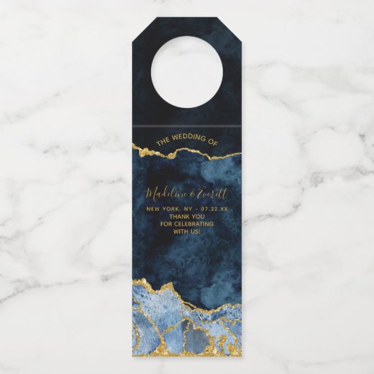 ネイビーブルーゴールドフォイル大理石ゲート結婚の感謝の気持ち ボトルネックタグ (正面)