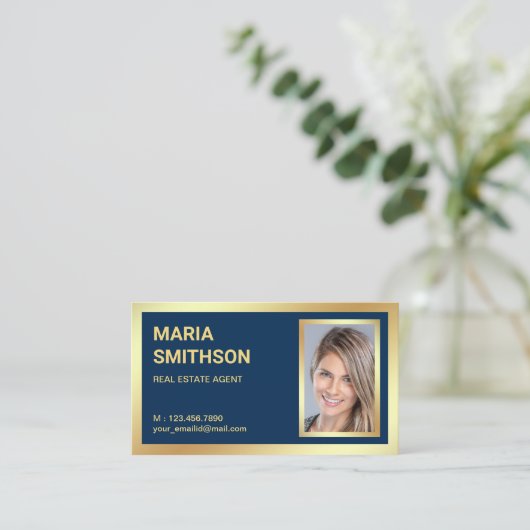 ネイビーブルーゴールドフォイル実在エステート不動産仲介業者写真 名刺 (スタンド正面)