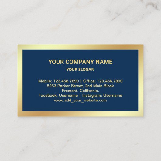 ネイビーブルーゴールドフォイル実在エステート不動産仲介業者写真 名刺 (裏面)