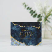 ネイビーブルーゴールドフォイルAgate結婚の食事の選択RSVP インビテーションポストカード (スタンド正面)