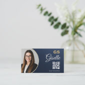 ネイビーブルーゴールド写真付き不動産プロQRコードメタリック 名刺 (スタンド正面)