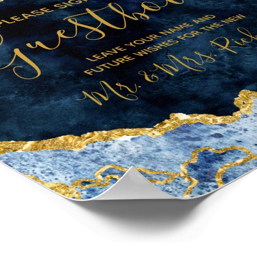 ネイビーブルーゴールド結婚フォイルのゲストブックテーブルサイン ポスター (角)