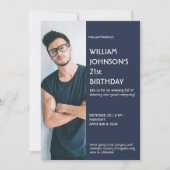 ネイビーブルーサイドバー写真21st誕生日の招待状F 招待状 (正面)