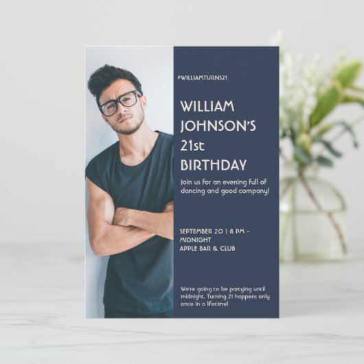 ネイビーブルーサイドバー写真21st誕生日の招待状F 招待状 (スタンド正面)