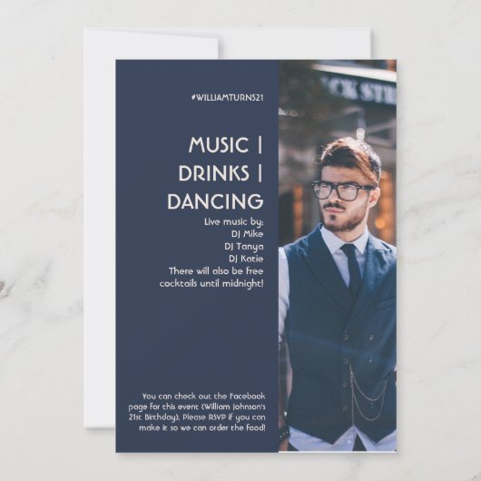 ネイビーブルーサイドバー写真21st誕生日の招待状F 招待状 (裏面)