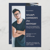 ネイビーブルーサイドバー写真21st誕生日の招待状F 招待状 (正面/裏面)