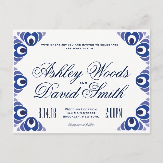 ネイビーブルーサイド縁ど結婚式招待状はがき ポストカード (正面)