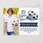 ネイビーブルーサッカーキッズウォーター色写真ありがとう ポストカード (正面)