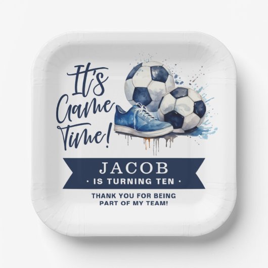 ネイビーブルーサッカーキッズウォーター色 ペーパープレート (正面)