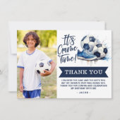 ネイビーブルーサッカーキッズ水彩写真 サンキューカード (正面)