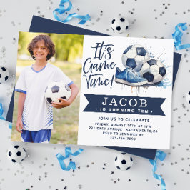 ネイビーブルーサッカーキッズ水彩写真 招待状