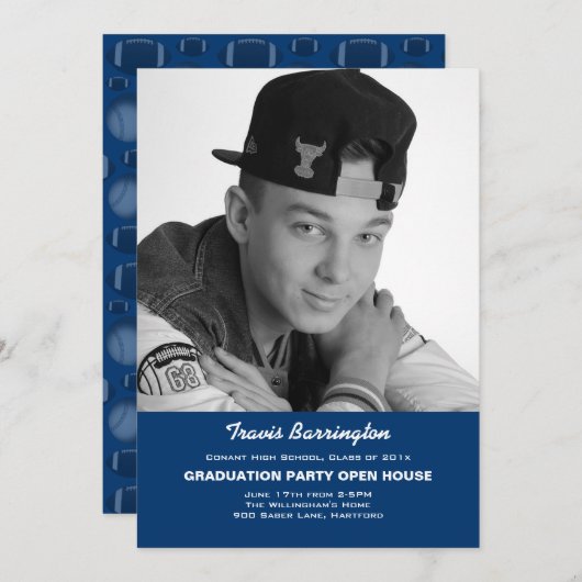 ネイビーブルーサッカーフォトガイパーティの招待状 招待状 (正面/裏面)