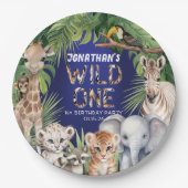 ネイビーブルーサファリをテーマにした野生の1歳の誕生日 ペーパープレート (正面)