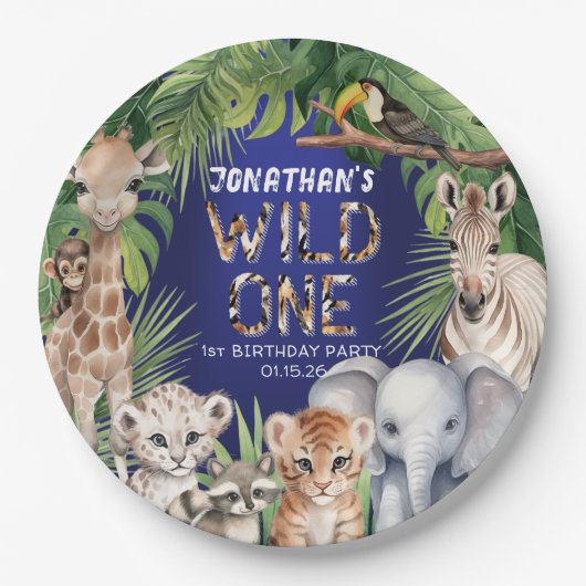 ネイビーブルーサファリをテーマにした野生の1歳の誕生日 ペーパープレート (正面)