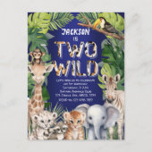 ネイビーブルーサファリをテーマにした2つの野生の2番目の誕生日 インビテーションポストカード (正面)
