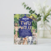 ネイビーブルーサファリをテーマにした2つの野生の2番目の誕生日 インビテーションポストカード (スタンド正面)