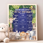 ネイビーブルーサファリジャングル動物1stマイルストーン フォトプリント           