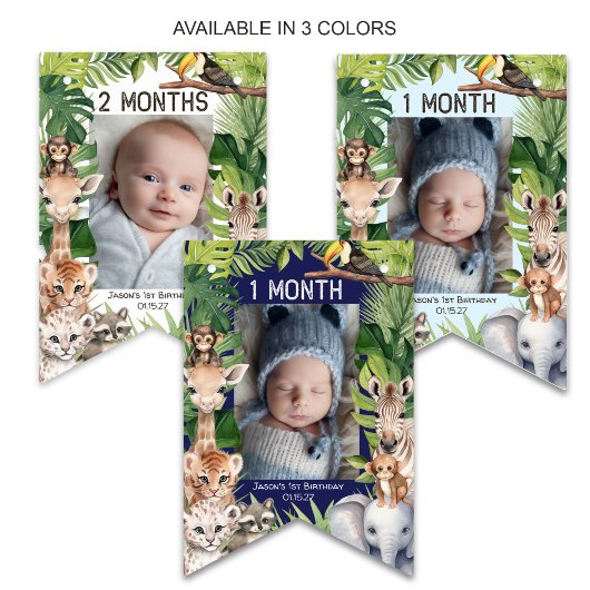 ネイビーブルーサファリワイルドワン1日の誕生日の毎月のポー バンティングフラッグ