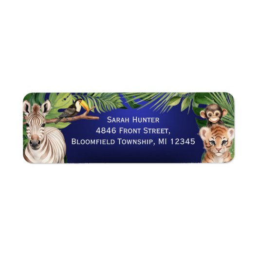 ネイビーブルーサファリ動物1st誕生日リターンアドレ ラベル (正面)