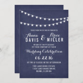 ネイビーブルーサマーストリングライトウェディングの招待 招待状 (正面/裏面)