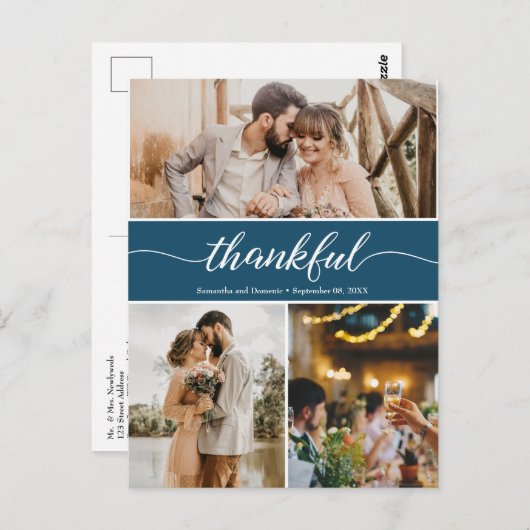 ネイビーブルーサンクフル結婚の写真コラージュ ポストカード (正面/裏面)