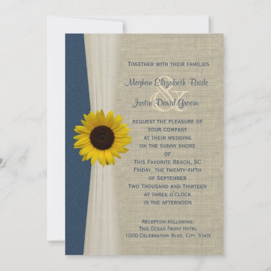 ネイビーブルーサンフラワーとバーラップ結婚ズ 招待状 (裏面)