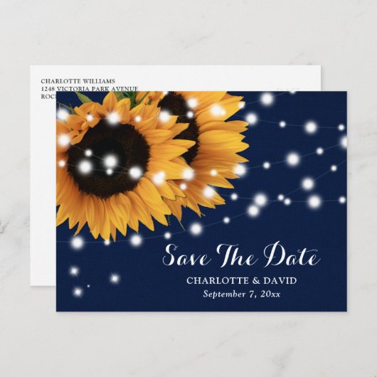ネイビーブルーサンフラワーウェディング日付はがきを保存 案内ポストカード (正面/裏面)