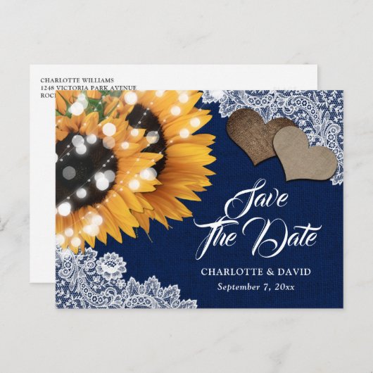ネイビーブルーサンフラワーウェディング日付はがきを保存 案内ポストカード (正面/裏面)