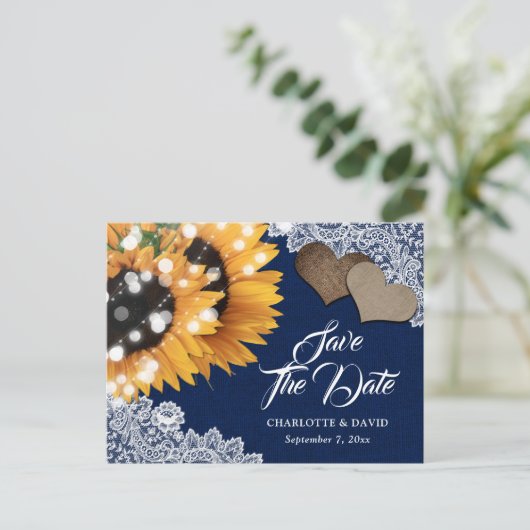 ネイビーブルーサンフラワーウェディング日付はがきを保存 案内ポストカード (スタンド正面)