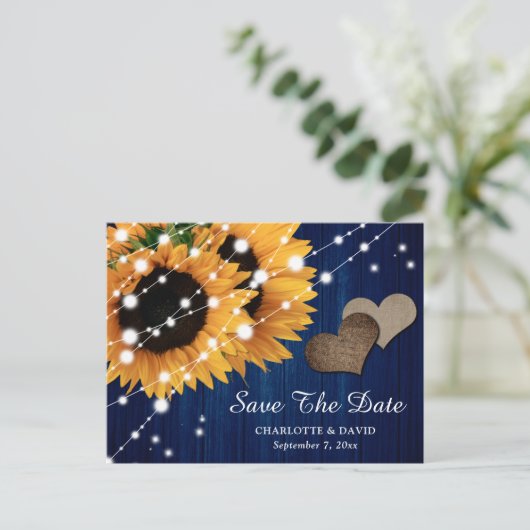 ネイビーブルーサンフラワーウェディング日付はがきを保存 案内ポストカード (スタンド正面)