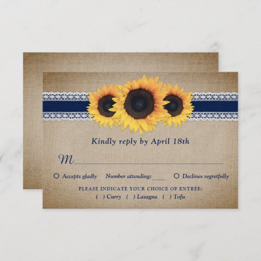 ネイビーブルーサンフラワーウェディングRSVPカードディームチョイス 出欠カード (正面/裏面)