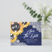 ネイビーブルーサンフラワーウッドウェディングデートを保存 案内ポストカード (スタンド正面)