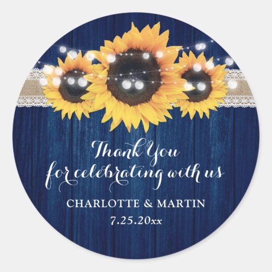 ネイビーブルーサンフラワーウッドストリングライト結婚ズ ラウンドシール (正面)