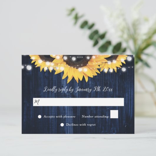 ネイビーブルーサンフラワーウッドストリングライト結婚ズ 出欠カード (スタンド正面)