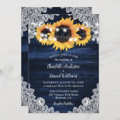 ネイビーブルーサンフラワーウッドストリングライト結婚ズ 招待状 (正面/裏面)