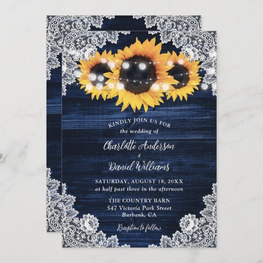 ネイビーブルーサンフラワーウッドストリングライト結婚ズ 招待状 (正面/裏面)