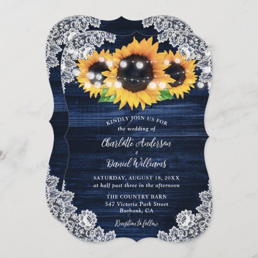 ネイビーブルーサンフラワーウッドストリングライト結婚ズ 招待状 (正面/裏面)