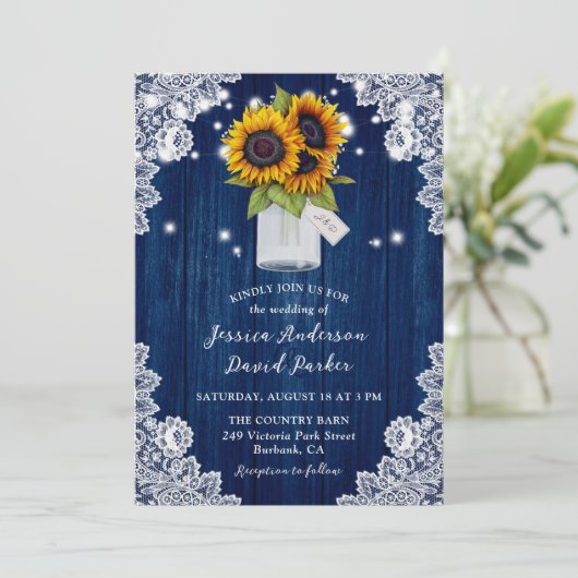 ネイビーブルーサンフラワーウッドレースメイスンジャー結婚ズ 招待状 (スタンド正面)
