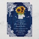 ネイビーブルーサンフラワーウッドレースメイスンジャー結婚ズ 招待状 (正面/裏面)