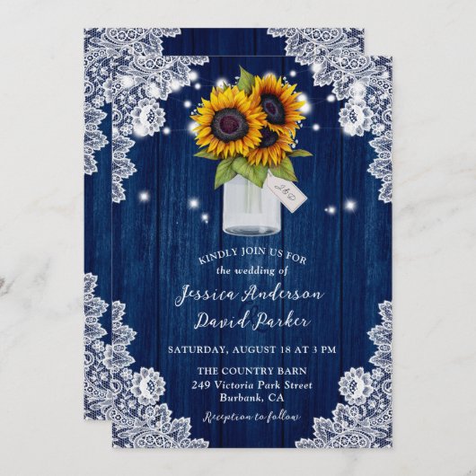 ネイビーブルーサンフラワーウッドレースメイスンジャー結婚ズ 招待状 (正面/裏面)