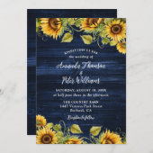 ネイビーブルーサンフラワーウッド結婚フローラ 招待状 (正面/裏面)