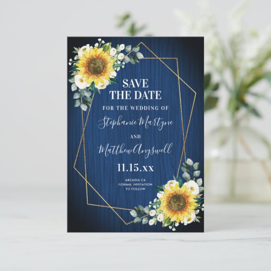 ネイビーブルーサンフラワージオメトリック結婚ス セーブザデート (スタンド正面)